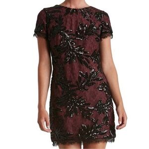 DRESS THE POPULATION Mini Dress Size Medium Burgundy Black Sequin Lace Evening